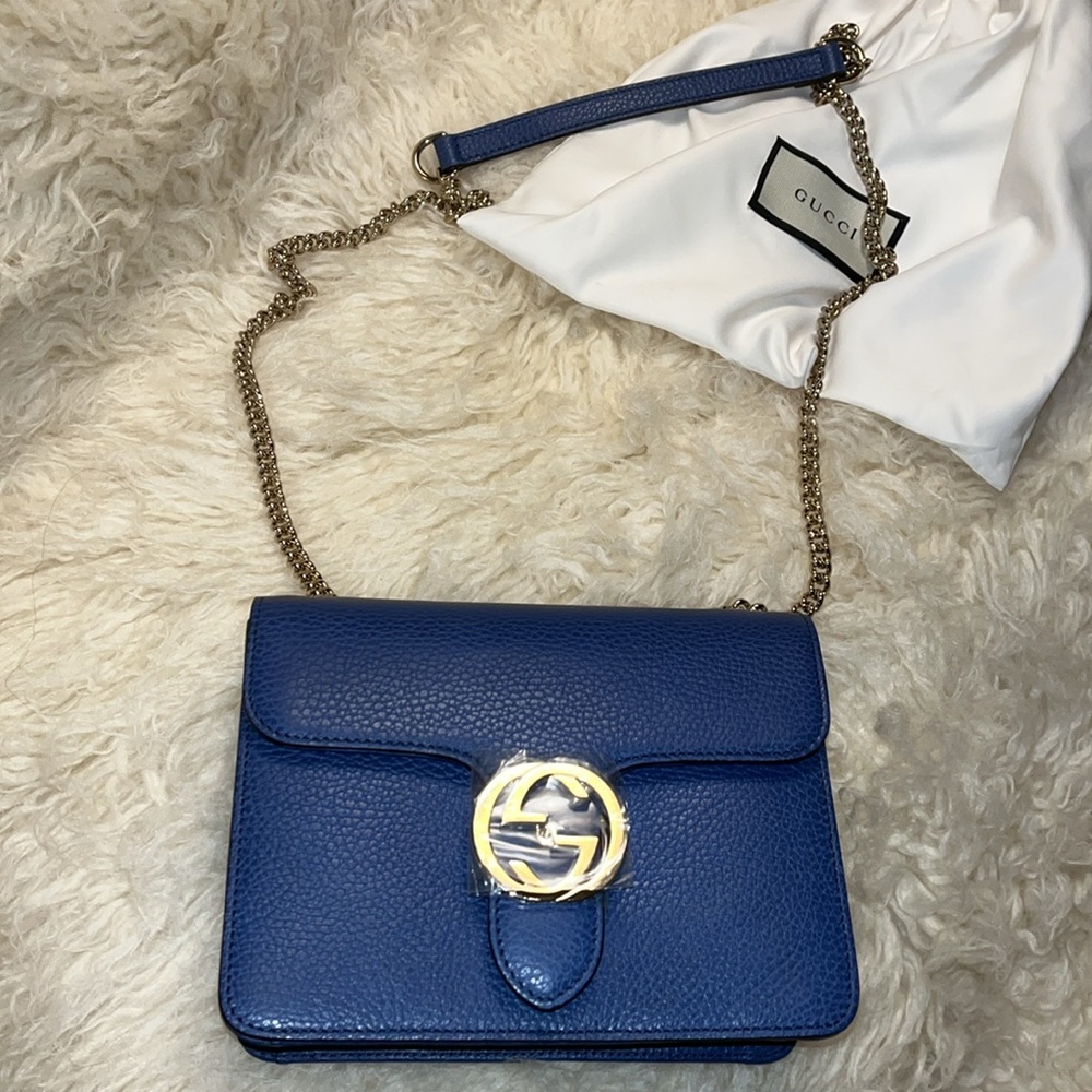 Gucci New Blue Leather Interlocking GG Marmont Small Crossbody Purse *Authentic - Picture 11 of 13
